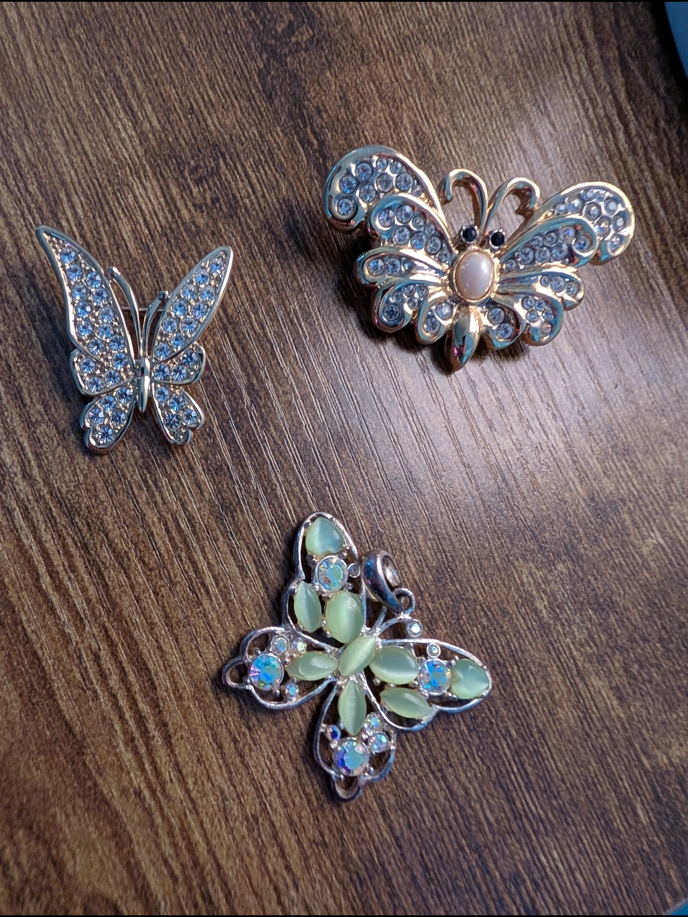 Lot Of 3  -Crystal & Pale Green Butterfly Trio 1 Pendant And 2 Brooches